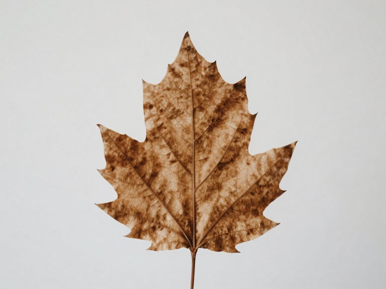 Intimate close-up of a single dried autumn leaf showing delicate vein structures, soft diffused natural side light, muted earthy tones, clean minimalist composition.