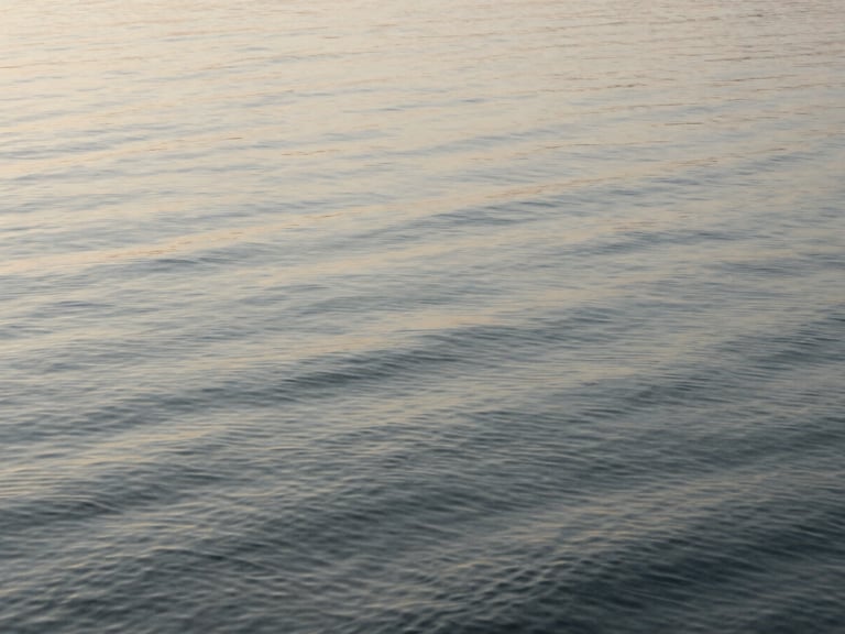 Minimalist photograph of gentle water ripples on a calm lake, soft golden hour light, high contrast, abstract silver gelatine look.