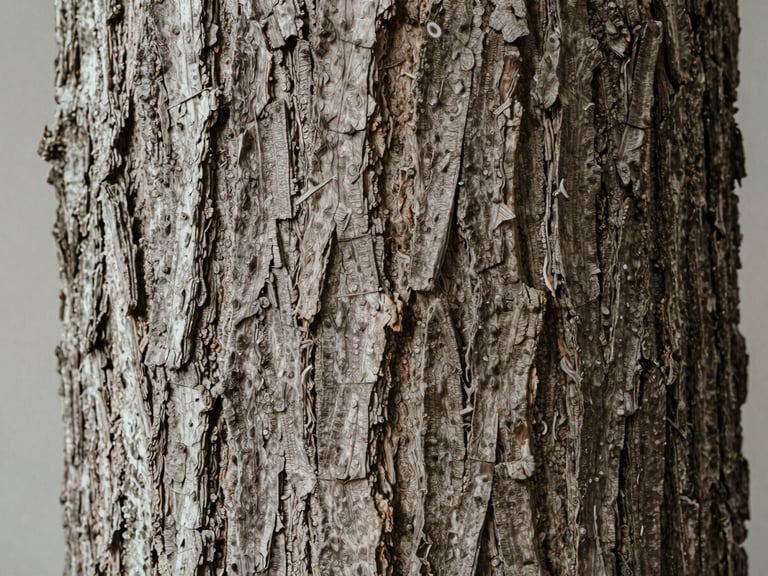 Macro close-up photograph of ancient tree bark textures, deep ridges, soft natural side lighting, muted earthy tones, high-fidelity details.
