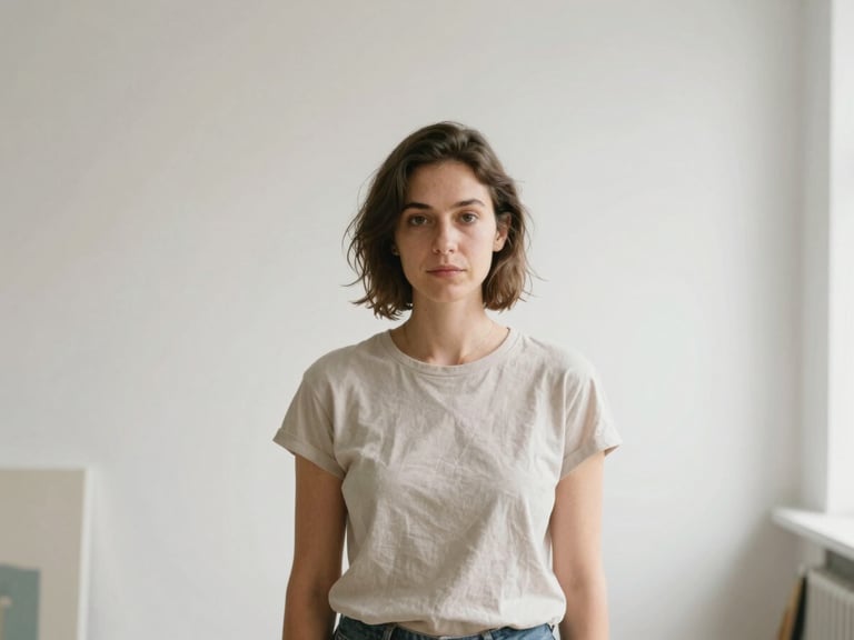 A natural-light portrait of a female artist in a bright studio, soft diffused daylight, warm neutral tones, minimalist aesthetic