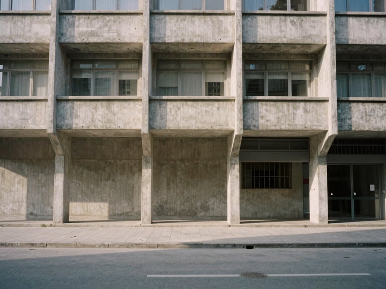 Straight-on architectural shot of a brutalist concrete building facade in Istanbul, soft morning light, empty street in the foreground, minimalist composition, medium format film