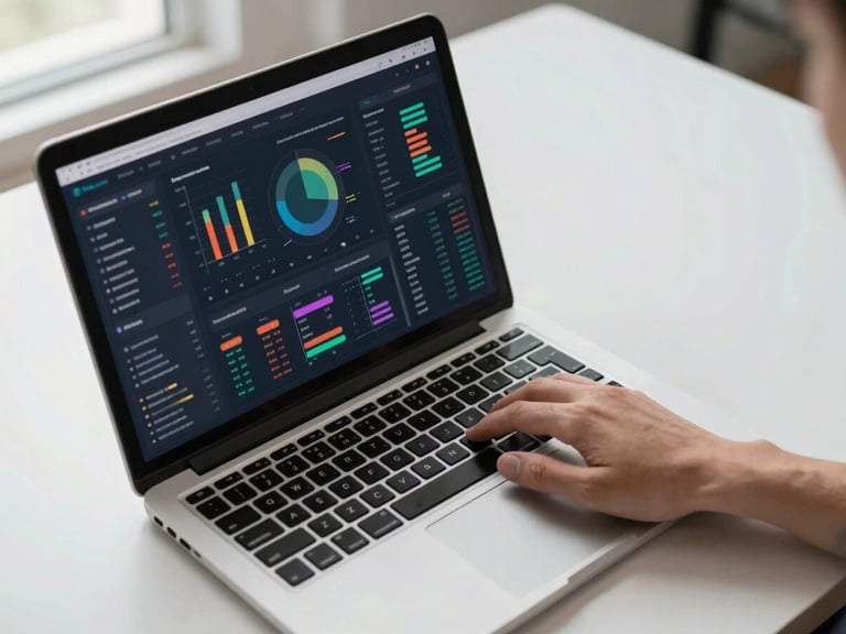 Wide shot of a laptop screen displaying a fintech analytics dashboard with colorful data charts, a hand resting on the keyboard mid-interaction, bright natural studio light from the left, clean white desk surface, top-down slight angle, no people's faces visible