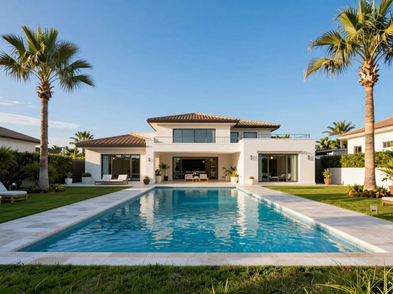 Wide-angle view of a luxury family villa with a private plunge pool, manicured lawns, palm trees under a bright blue sky, clean modern design, 35mm lens