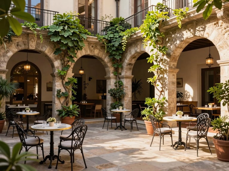 Cozy courtyard of a boutique heritage hotel, stone arches, lush green climbing plants, elegant wrought-iron furniture, soft afternoon sun, 35mm lens