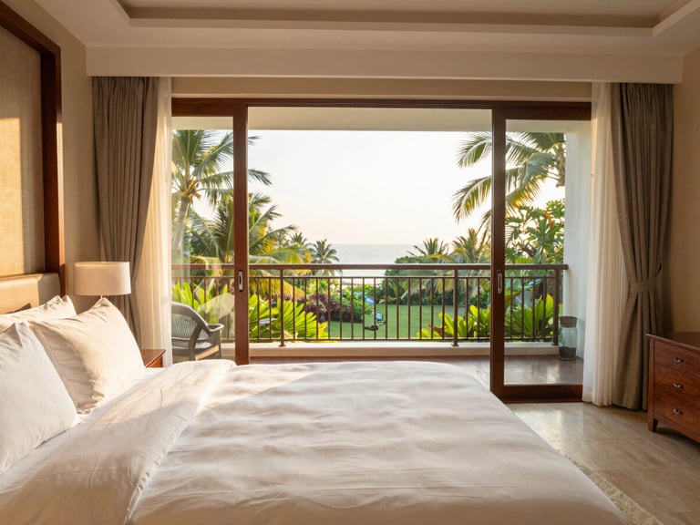 Sunlit interior of a spacious premium hotel suite, plush white bedding, private balcony overlooking tropical gardens, warm morning light, architectural framing, 35mm lens