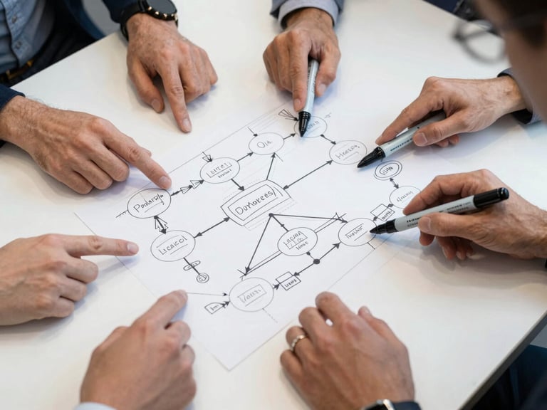 Close-up overhead view of a large process diagram spread across a conference table, engineers' hands pointing at workflow nodes drawn in marker on white paper, clean studio lighting from above, no faces visible, only hands and the diagram in sharp focus