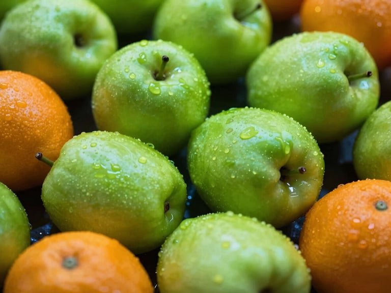 Extreme close-up of vibrant, fresh neon-lit fruit at a local grocer, high-contrast studio lighting with deep shadows, hyper-saturated green and orange tones.