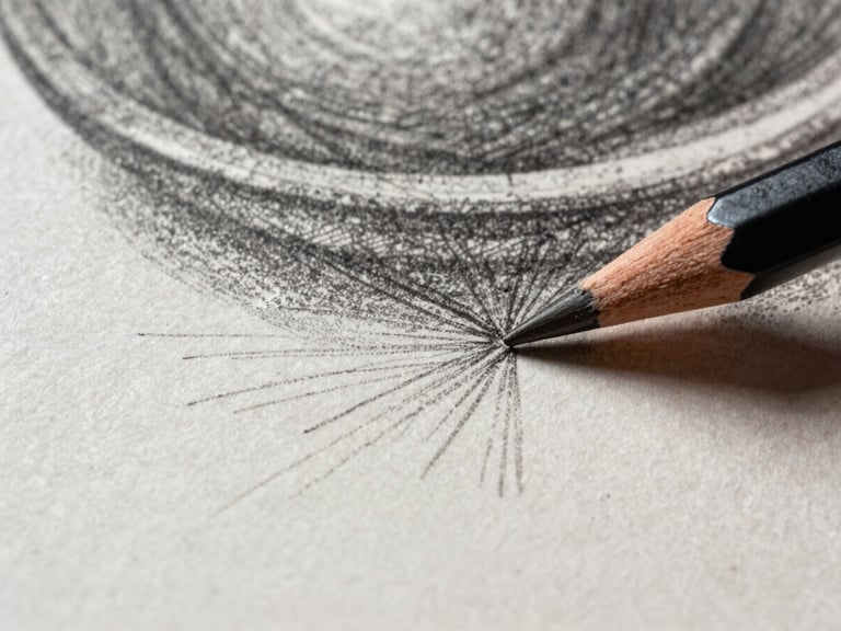 Extreme close-up of graphite drawing surface showing cross-hatching and blending layers on textured paper, pencil tip visible at the lower edge mid-stroke, north-facing daylight revealing paper grain and graphite sheen