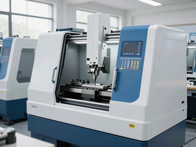 Bright vocational school workshop, clean modern CNC lathe machine and organized mechanical tools, natural daylight, sharp focus, 35mm