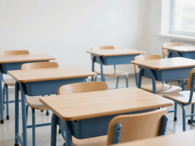 Bright modern school classroom, neat rows of wooden student desks and chairs with blue steel frames, sunny natural daylight, 35mm