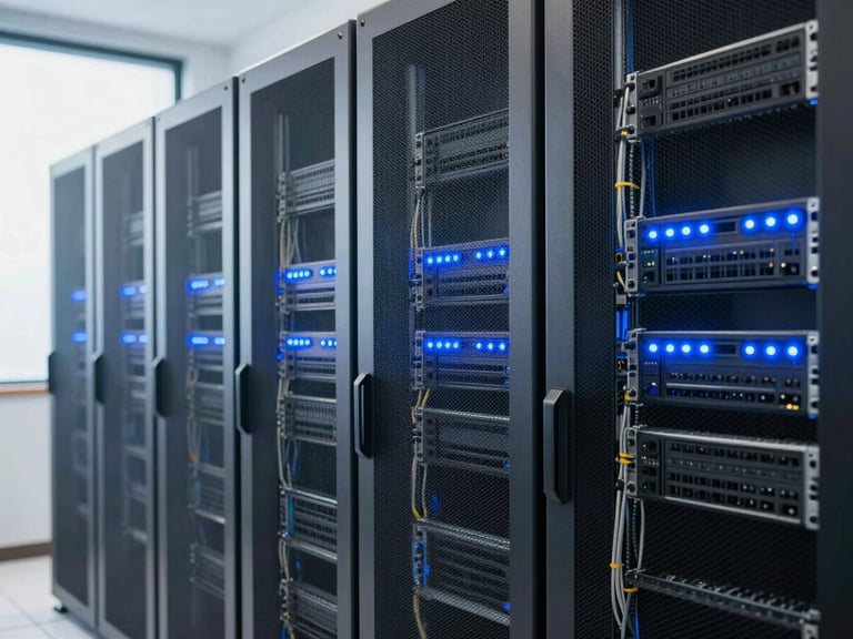 A clean server rack room with blue LED indicator lights, professional cable management, bright studio lighting, sharp focus, 35mm