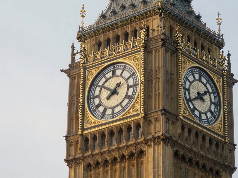 Close-up architectural detail of the Westminster Palace clock tower in London, soft morning mist, elegant slate tones