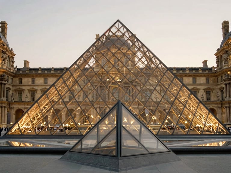 The glass pyramid of the Louvre Museum in Paris under a warm twilight sky, soft golden lighting, clean composition