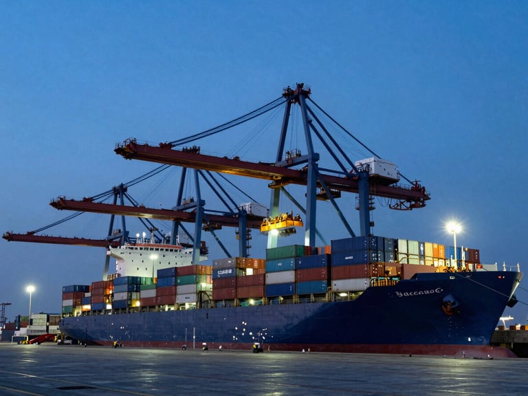 Wide-angle dramatic blue-hour shot of a massive container ship docked at a modern Mumbai port, cargo cranes loading containers under crisp industrial lights.