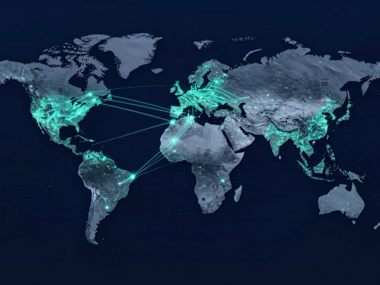 Abstract glowing global trade route map with crisp teal lines connecting Mumbai port to South America, the Middle East, and East Africa, overlayed with technical coordinate data, dark navy background.