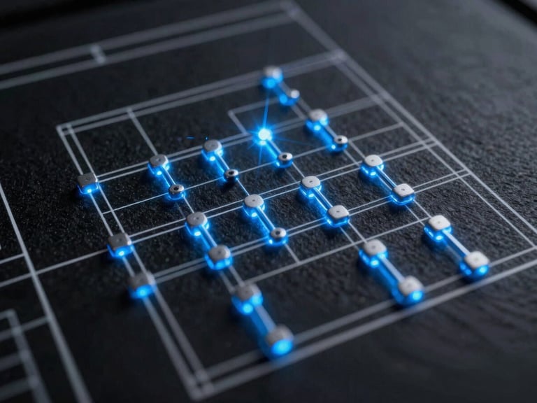 Macro close-up of an intricate architectural blueprint with cold-glowing server nodes, sharp azure light, dark slate background, high contrast, sterile, 35mm