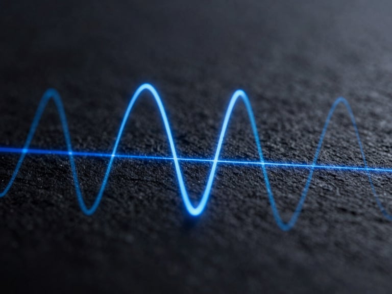 Macro close-up of a complex quantum wave schematic, sharp azure light, dark slate background, high contrast, sterile, 35mm