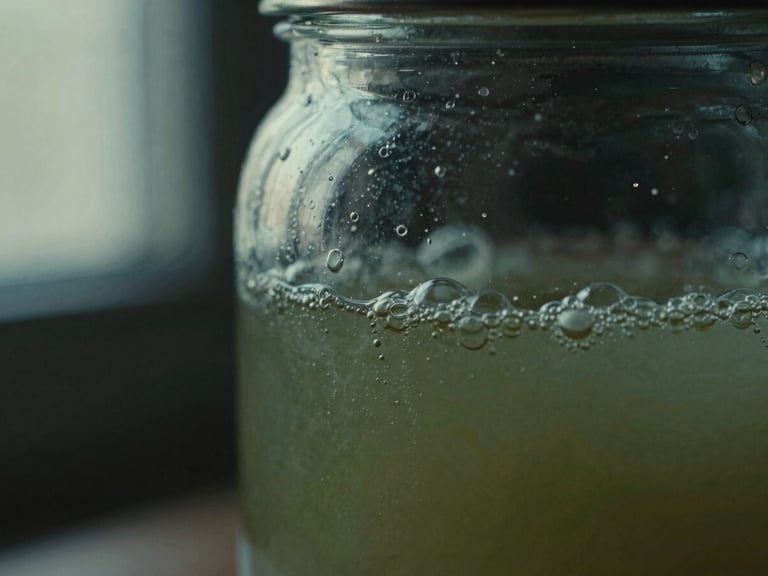 Macro shot of active lacto-ferment bubbling in a glass jar, moody directional window lighting, deep green shadows, 35mm film grain