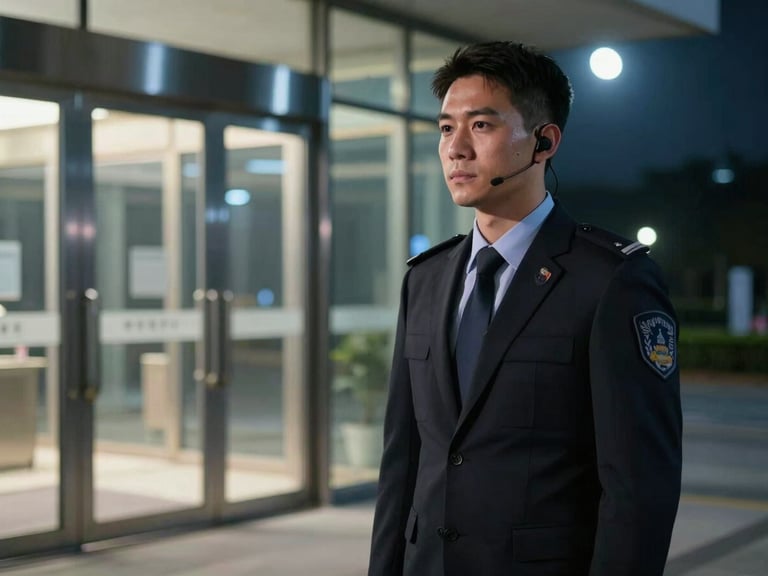 Professional security guard in a black uniform with a headset standing outside a modern building at night.