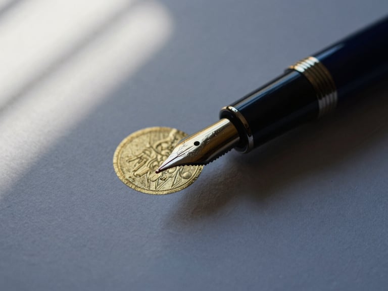 Close-up of a fountain pen on heavy, textured paper, with a subtle gold-embossed seal, soft directional window light, deep navy and gold tones, shallow depth of field, 35mm