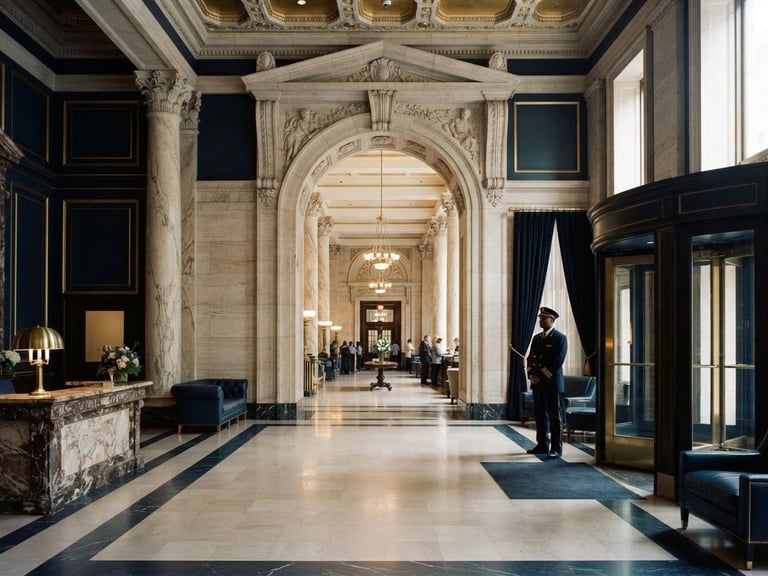 Wide panoramic shot of a grand, classic stone financial institution entrance, soft directional window light, deep navy and gold tones, shallow depth of field, 35mm