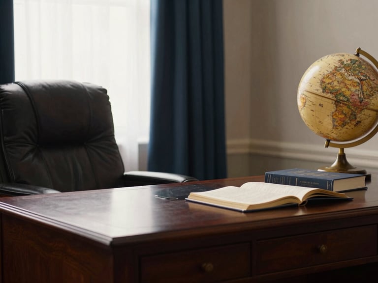 Wide shot of a quiet study space with warm lighting, a leather armchair, and a mahogany desk with a globe and financial books.