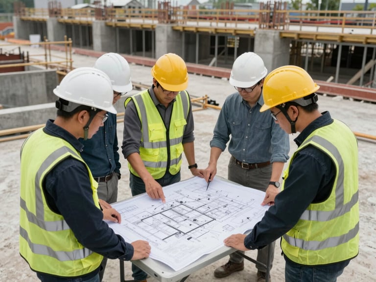 Angled overhead view of engineering team in hard hats reviewing large-format site plans spread across a folding table on an active construction site, concrete foundations visible in background, overcast midday light, documentary framing