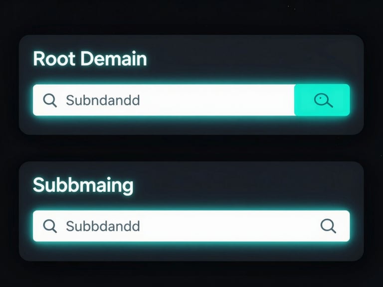 High-contrast UI wireframe comparison of root domain header and subdomain header aligned perfectly, simulated dark-mode terminal glow, neon cyan accents.