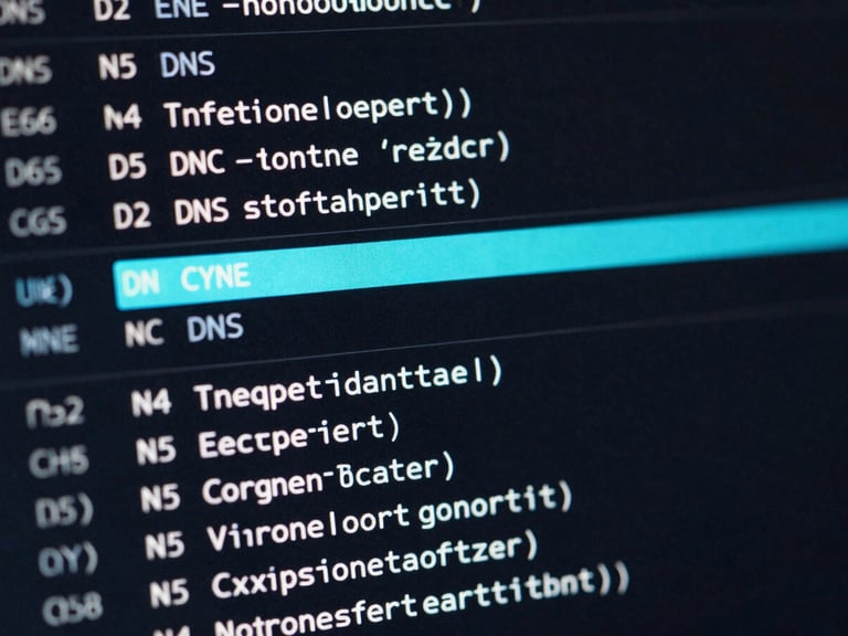 Wide panoramic macro-focus on a dark-mode DNS configuration table, a glowing neon-cyan CNAME record row highlighted against a deep black terminal background, high-contrast digital backlighting.