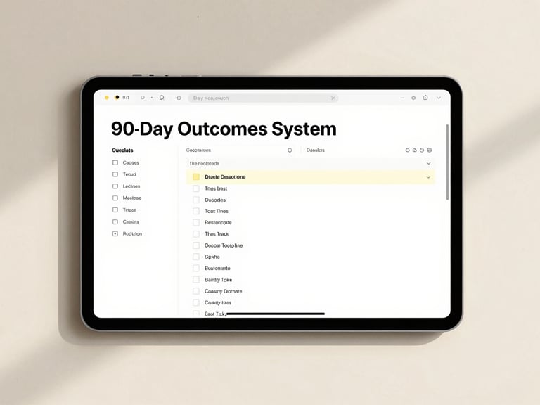 Clean, organized Notion workspace on a minimalist desk, displaying a focused 90-Day Outcomes System database, with a single task highlighted, soft natural daylight, high angle overhead shot.