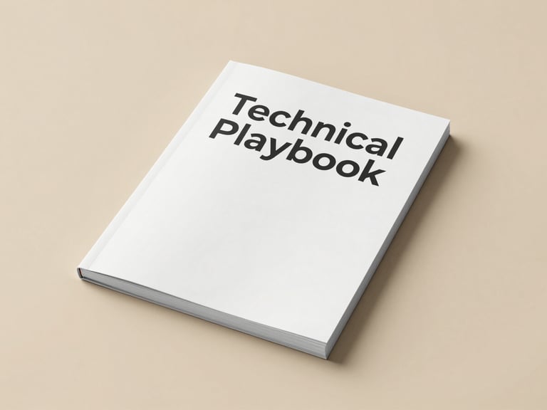 Clean flat-lay mockup of a minimalist PDF playbook cover with 'Technical Playbook' title, on a warm beige background, soft natural daylight.