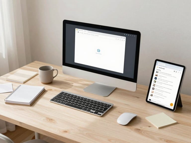 Cluttered digital desktop, many open browser tabs, unread email notifications, and scattered digital notes, soft natural daylight, high angle overhead shot.