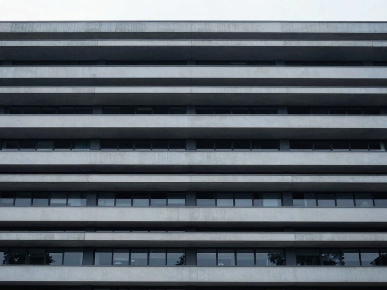 Symmetrical eye-level shot of a modern civic building facade with clean horizontal lines, cool diffused overcast daylight, desaturated navy and gray tones.