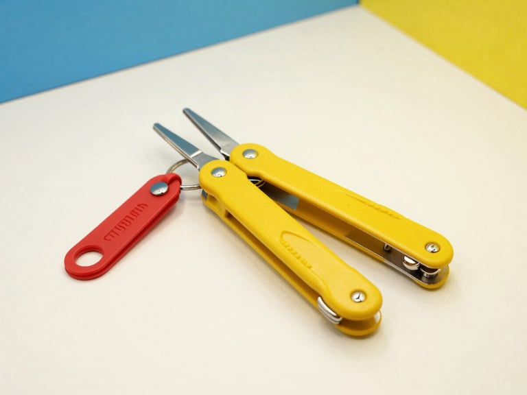 Bright high-key product photography of a modern yellow multi-tool and red keychains on a crisp off-white background, studio light, sharp focus