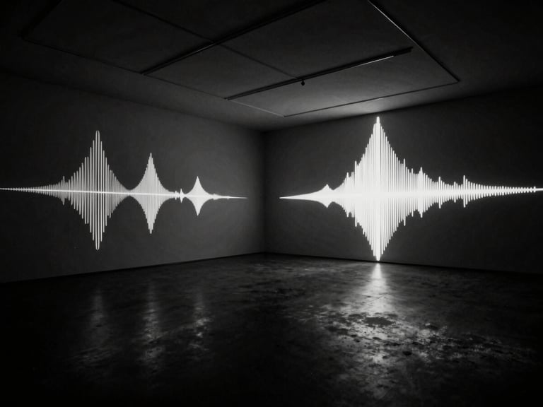 Stark monochrome gallery photography, empty high-ceilinged gallery installation with abstract digital waveforms projected on a distant wall, dramatic chiaroscuro, 35mm