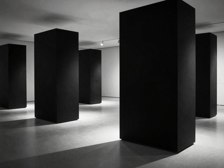 Stark monochrome gallery photography, wide environmental shot of an empty contemporary museum gallery, monolithic black structures casting long shadows, 35mm