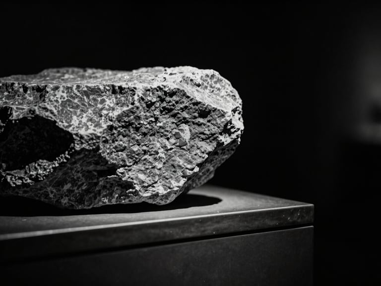 Stark monochrome gallery photography, close-up of physical textures, raw stone balanced precariously on a bronze edge, dramatic spotlighting against absolute black, 35mm