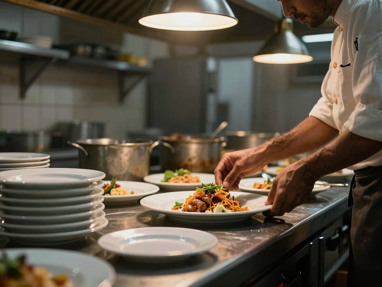 Wide documentary shot of a Dhaka restaurant kitchen pass, chef plating a dish under warm overhead light, hands mid-action, plates visible