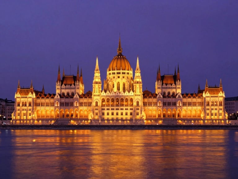 Dramatic wide-angle view of the Hungarian Parliament building in Budapest at twilight, glowing orange lights reflecting on the Danube river, deep purple sky