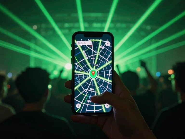 Close-up of a hand holding a smartphone displaying a neon location map interface, bright green laser beams cutting through a dark crowd in the background, 35mm