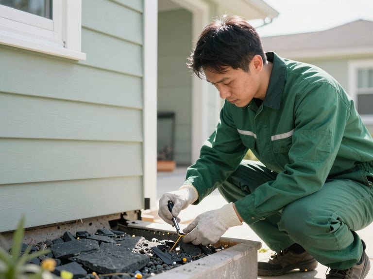 Professional technician in clean, branded uniform meticulously sealing a small gap on a home's foundation, bright morning daylight, crisp focus.