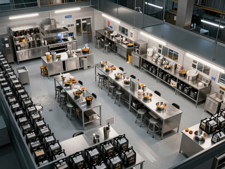 Overhead wide shot of a ghost kitchen layout plan in action — labeled dispatch zones, organized packaging stations, branded thermal bags in rows, cool white overhead lighting, no people, clinical precision and spatial order