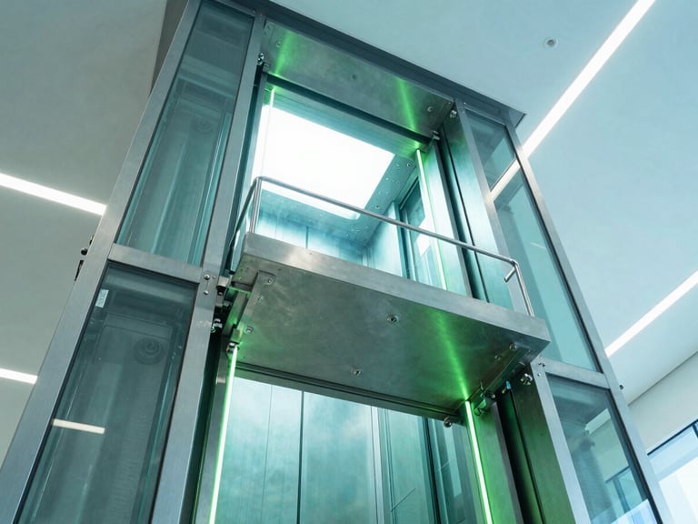 Sleek modern glass elevator shaft with a heavy industrial steel lift platform, dramatic high-key lighting with cool teal reflections and bright neon green laser-line accents, low-angle architectural perspective.