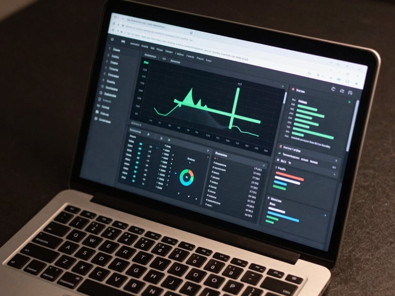 Close-up overhead view of a laptop screen displaying a complex analytics dashboard interface in Figma, multiple data panels visible, even studio lighting, dark desk surface visible at edges