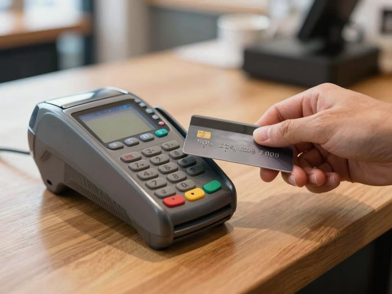 Close-up of a modern card payment terminal on a cafe counter, a hand holding a credit card, natural shop lighting.