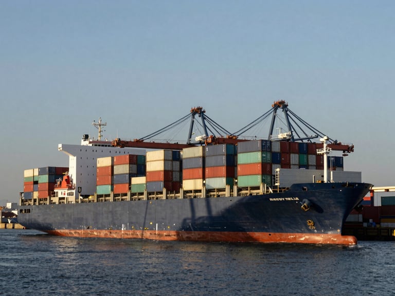 Wide panoramic view of a cargo vessel being loaded with shipping containers at a busy international port at golden hour, dramatic industrial shadows, industrial editorial photography.