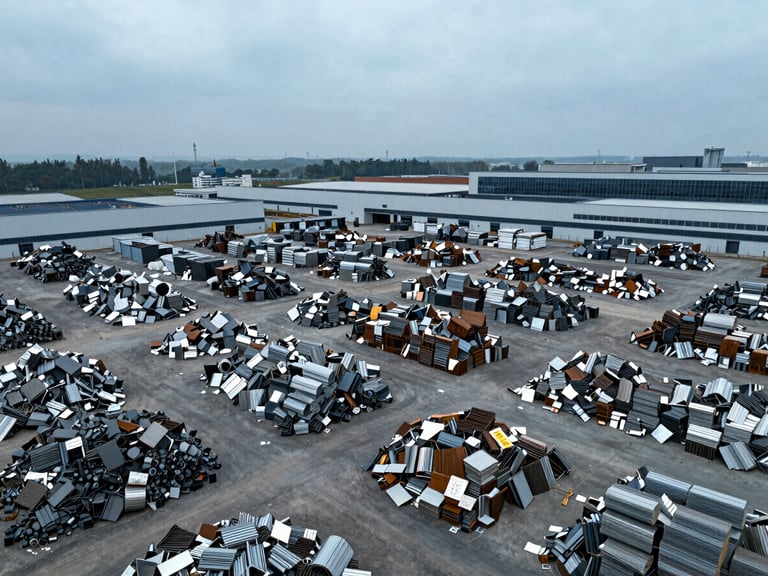 Aerial view of a large, organized metal scrap yard with various piles of sorted non-ferrous metals, industrial corporate feel, cool overcast daylight, industrial editorial photography.