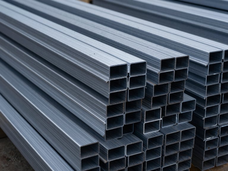 Close-up of clean, sorted HE9 aluminium extrusions piled neatly in an industrial warehouse, sharp details, cool daylight, industrial editorial photography.