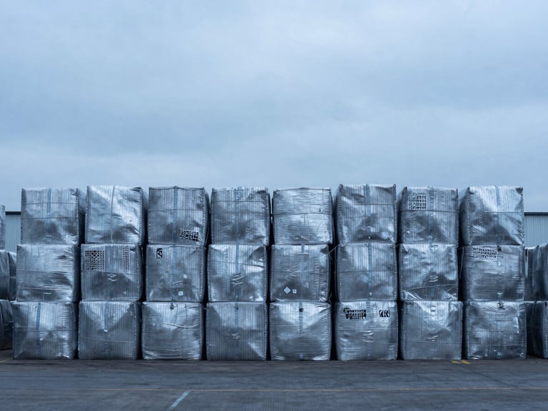 Wide panoramic shot of neatly stacked, clean aluminium scrap bales in a UK industrial yard under cool overcast daylight, low horizon, industrial editorial photography.