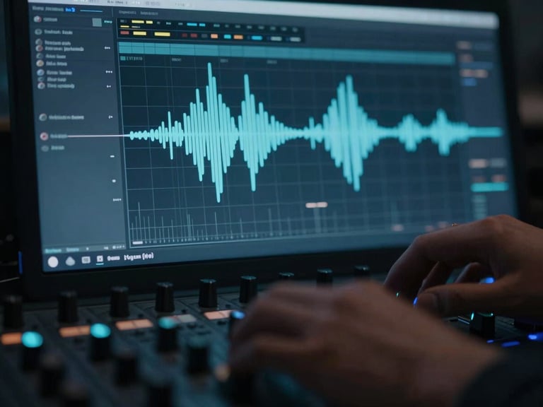 Abstract macro shot of sound waves on a digital audio workstation screen, blurred foreground of hands on a mixing console, low-key lighting, cool blue accents, cinematic.